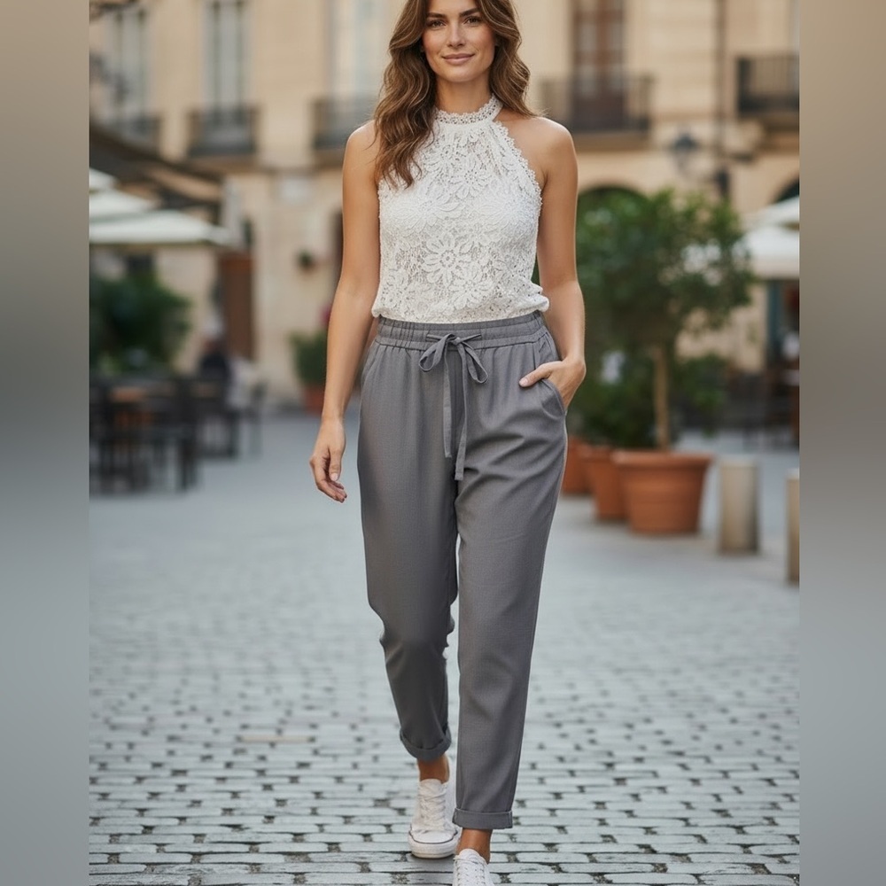 WILFRED ARITZIA ALLANT PANT CROPPED HIGH RISE GRAY LINEN TROUSER JOGGERS SZ SM